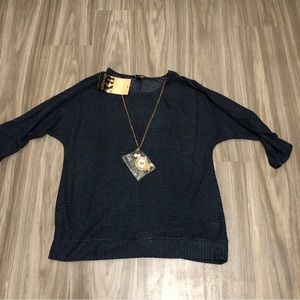 BYdesign Long sleeve Navy Blue soft top comes with gold color necklace Large NWT